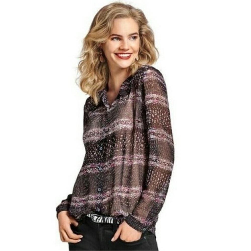 CAbi Paris Sheer Long Sleeve Bottom Down Top Striped Blouse Women’s Medium #3249